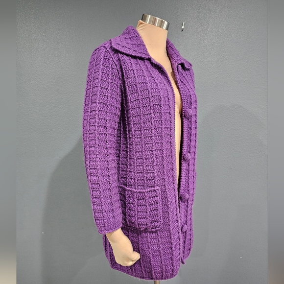 Vintage Hand Knit Purple Chunky Knit Sweater Cardigan M/L - Picture 4 of 9